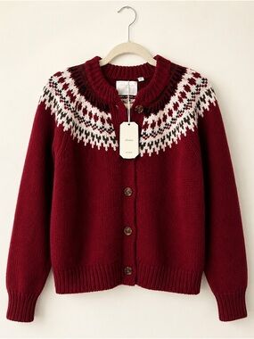 NWT DÔEN Heirloom Clarke Cardigan Burgundy Fair Isle Merino Alpaca M